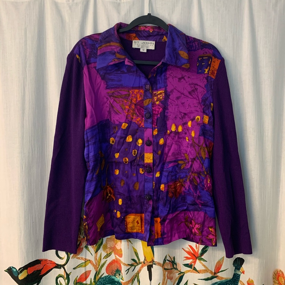 St John Silk and Santana Knit Button Up Blouse